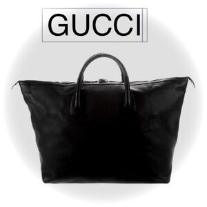 Gucci Black Leather Travel Bag Thick Fabric with leather trim. and interior.